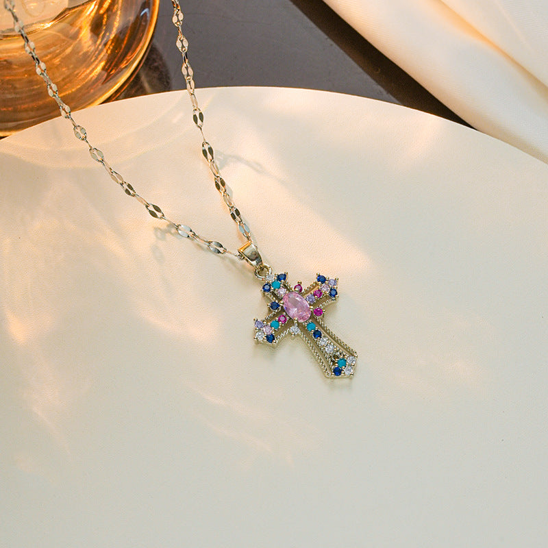 Minimalist Cross Pendant Necklace in Titanium Steel with Plated Finish for Women