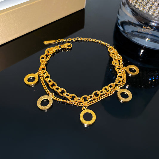 Minimalist Elegant Titanium Steel Plated Geometric Round Double Layer Chain Bracelet