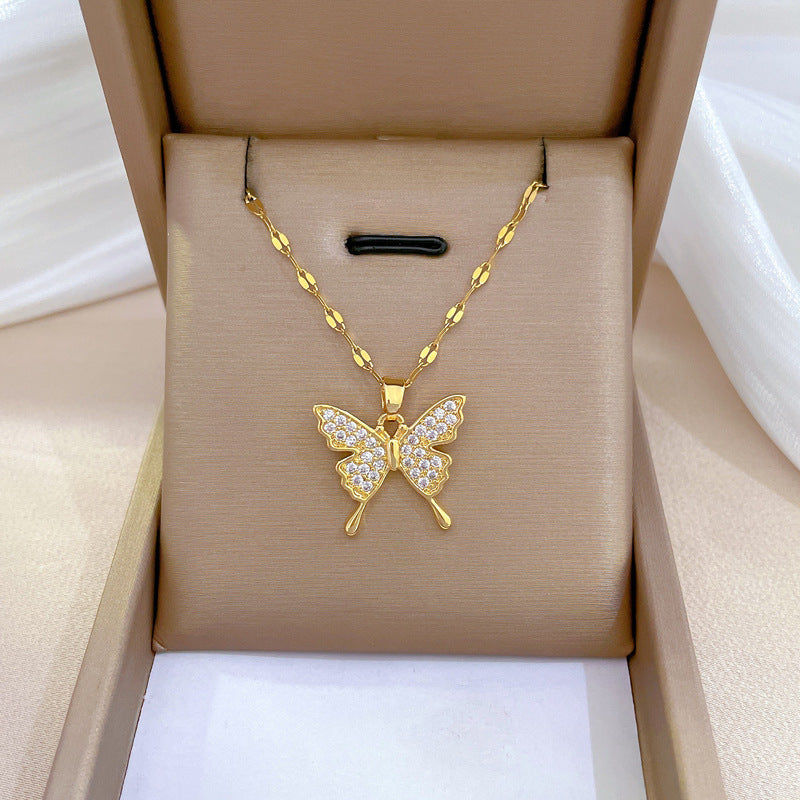 Luxury Titanium Steel Butterfly Geometric Pendant Necklace for Women and Men Lip Chain
