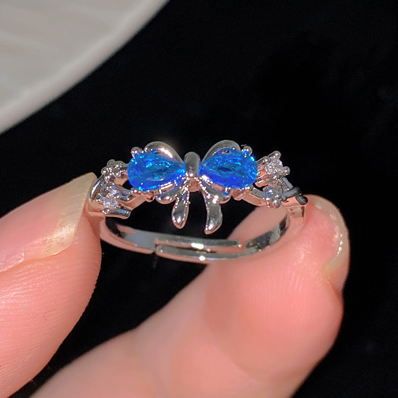 Minimalist Sweet Colorful Crown Flower Bow Teardrop Brass Ring with Cubic Zirconia Inlay for Women