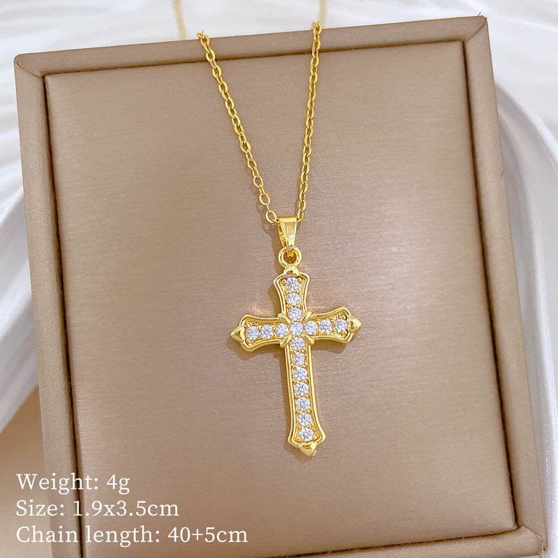 Sweet Elegant Cross Cubic Zirconia Titanium Steel Necklace for Unisex