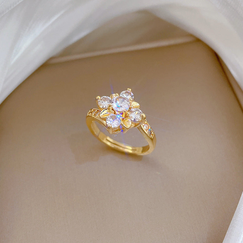 Sweet Gold Plated Floral Cubic Zirconia Adjustable Ring for Women and Men