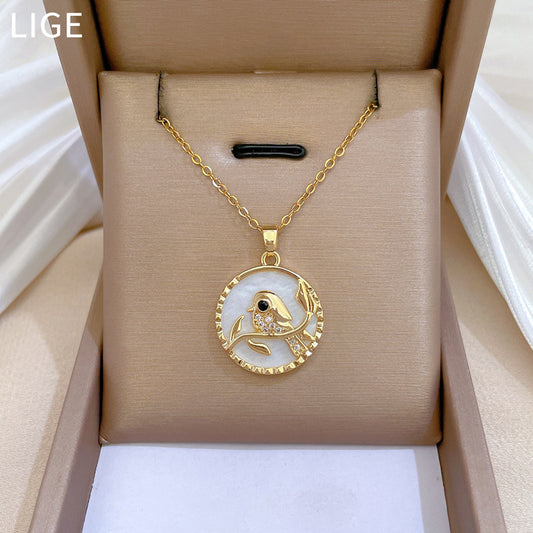 Minimalist Geometric Seashell and Magpie Pendant Necklace for Women with Zircon Inlay on Titanium Steel Chain