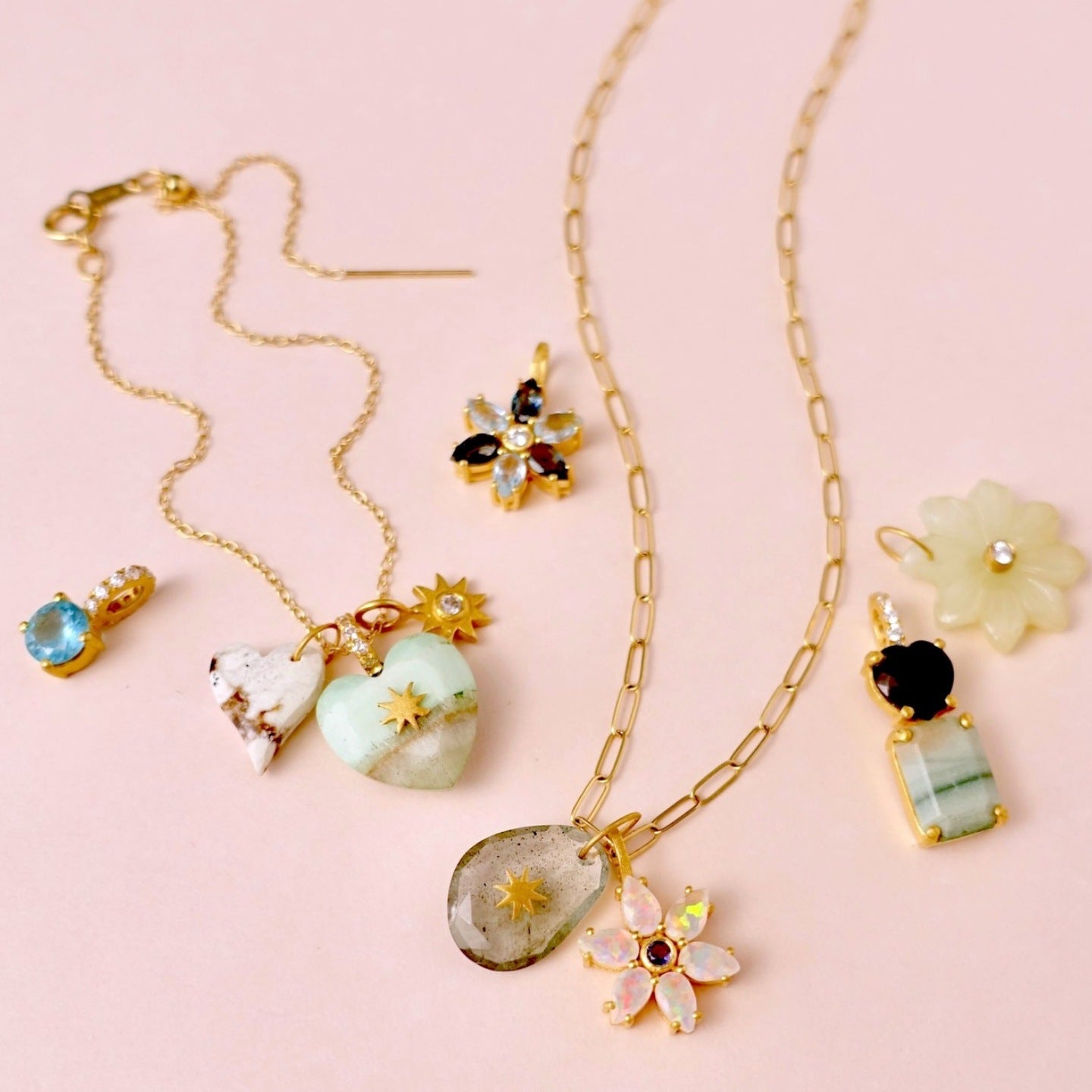 Elegant Gold Plated Brass Heart and Floral Jade Pendant Charm Bar Necklace for Unisex