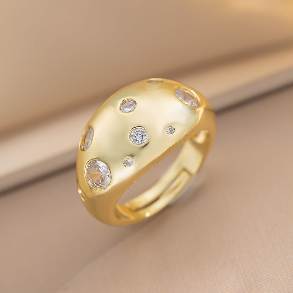 Luxury Minimalist Adjustable Open Ring for Women with Gold-Plated Copper Band and Zircon Stone Accent in Heart and Floral Shape
