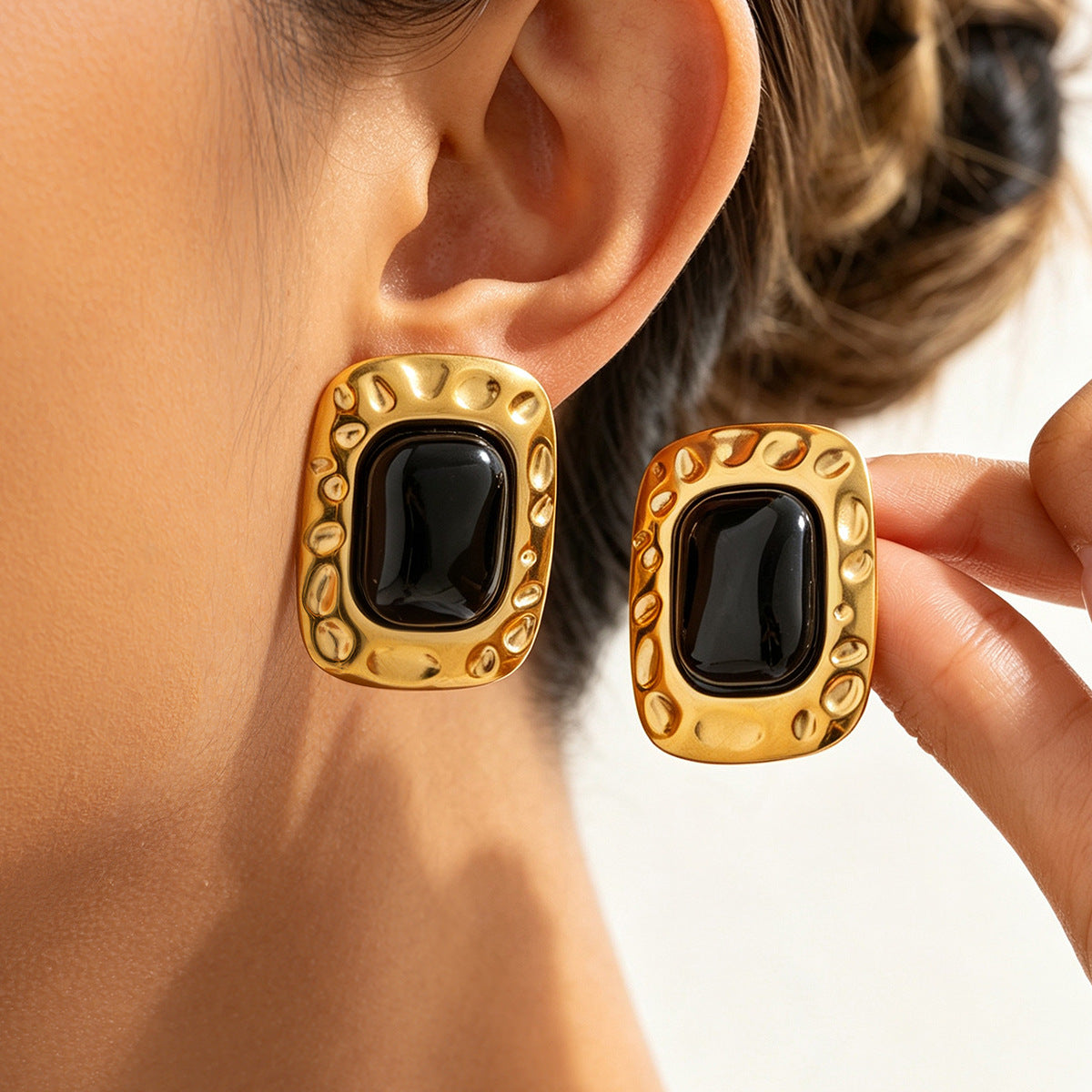 Vintage 18K Gold Plated Square Geometric Gemstone Stainless Steel Earrings
