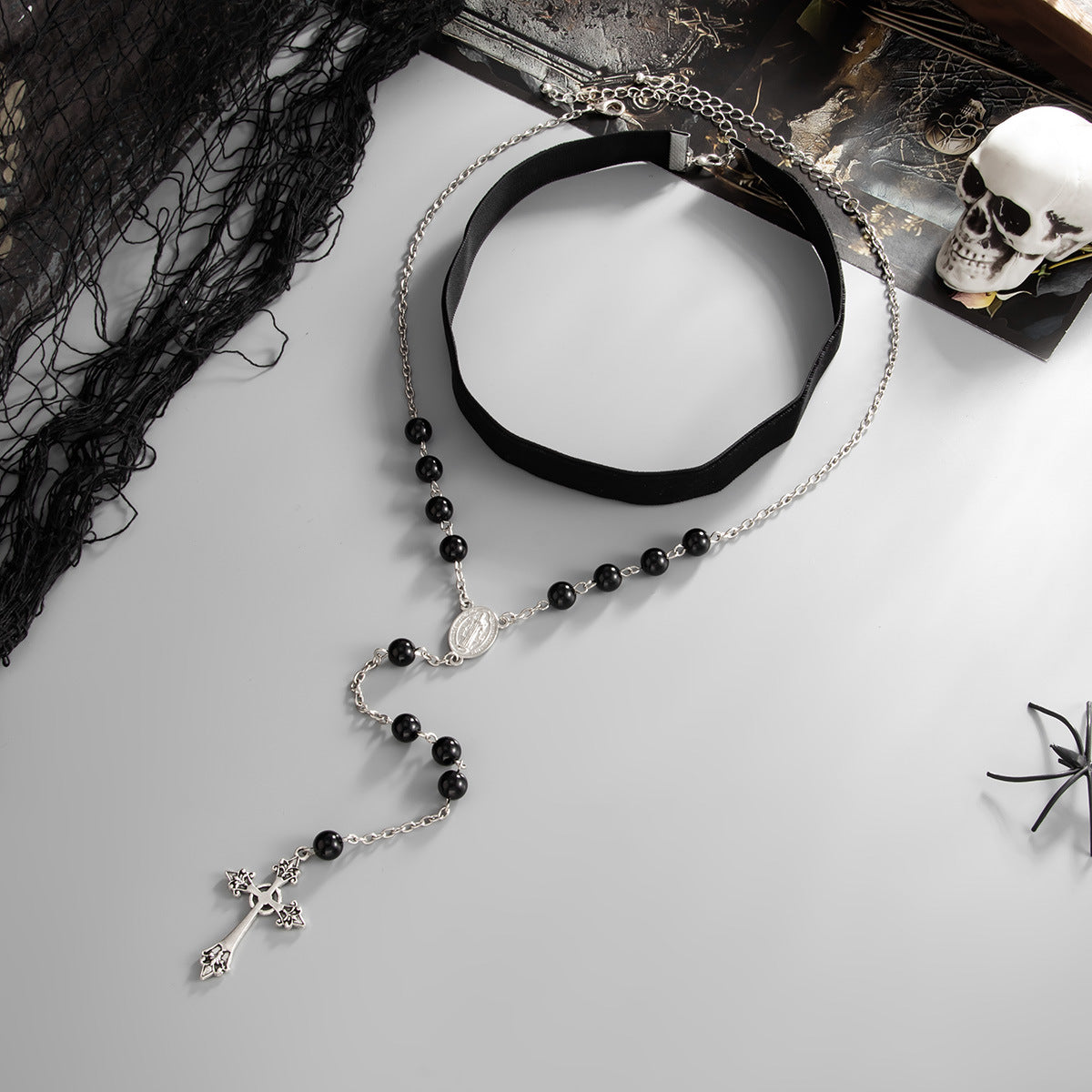 Gothic Alloy Cross Pendant Necklace Black Velvet Skull Choker for Women