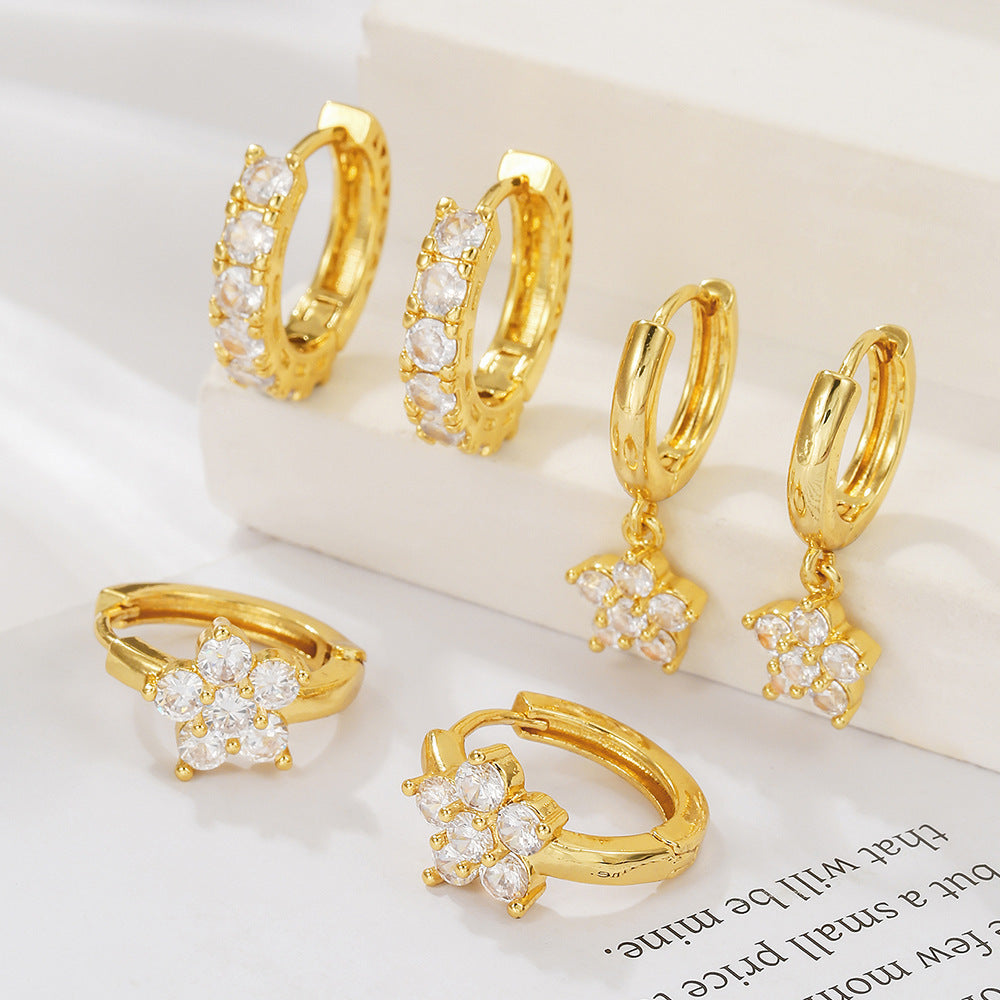 16K Gold Plated Brass Geometric Round Floral Earrings with Micro-set Cubic Zirconia and 925 Sterling Silver Posts