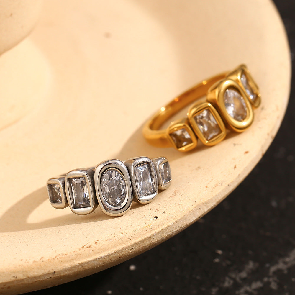 Minimalist Geometric Ring in 316L Stainless Steel with 18K Gold Plating and Zirconia Inlay for Women