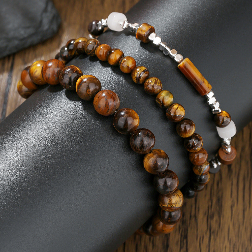 Bohemian Style Black Obsidian and Tiger Eye Beaded Stretch Bracelet for Women and Men