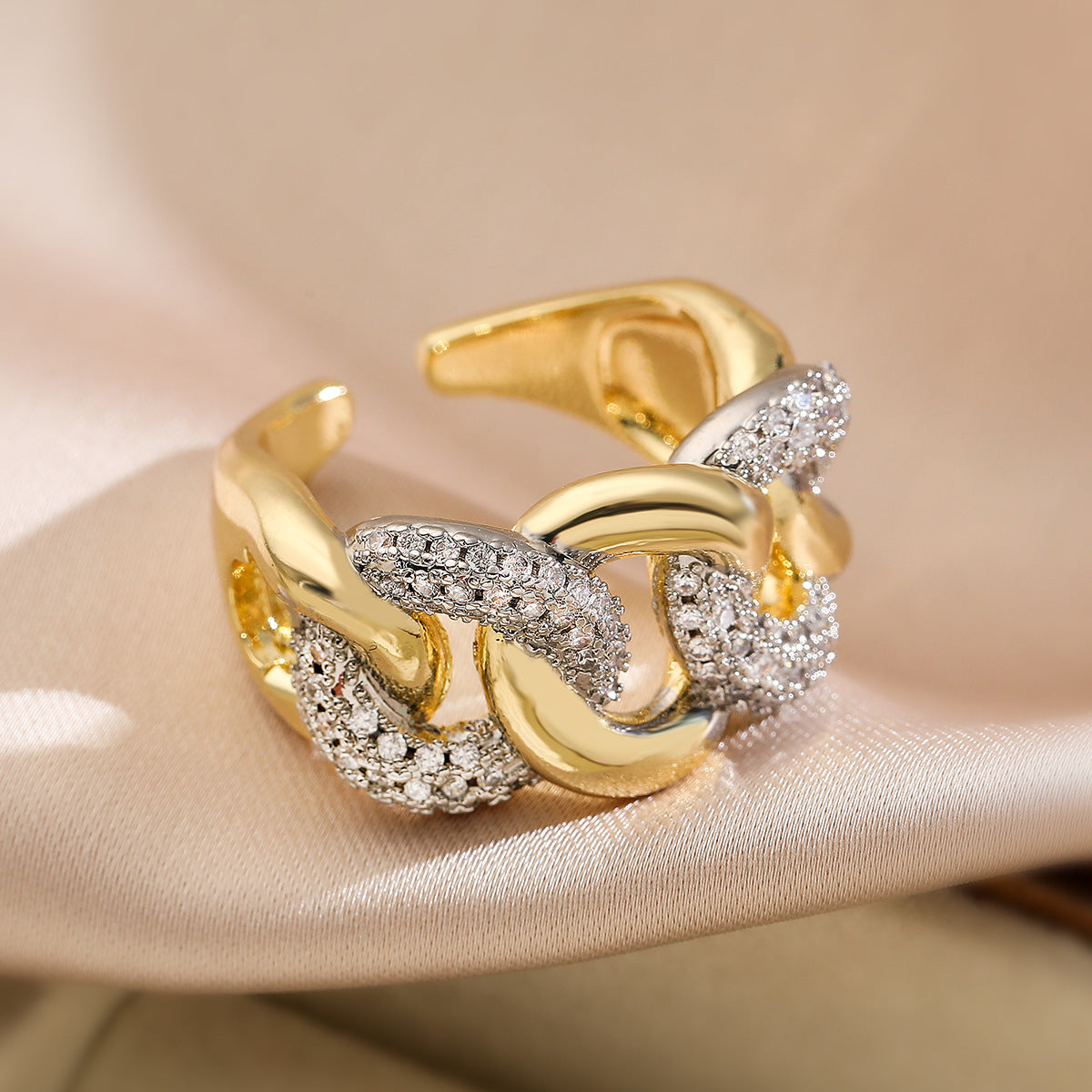 Minimalist Two-Tone Plated Geometric Open Ring with Cubic Zirconia for Women