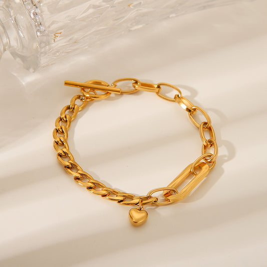 Ins Style 18K Gold Plated Stainless Steel Cuban Chain Bracelet with Oval Links and Heart Pendant OT Clasp for Women