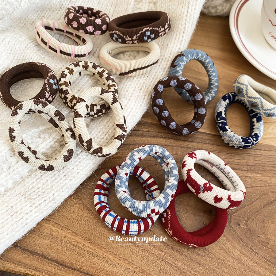 Fermacoda in Tessuto Elasticizzato Ispirato al Vintage, Set da Quattro con Fantasia Geometrica per Coda di Cavallo