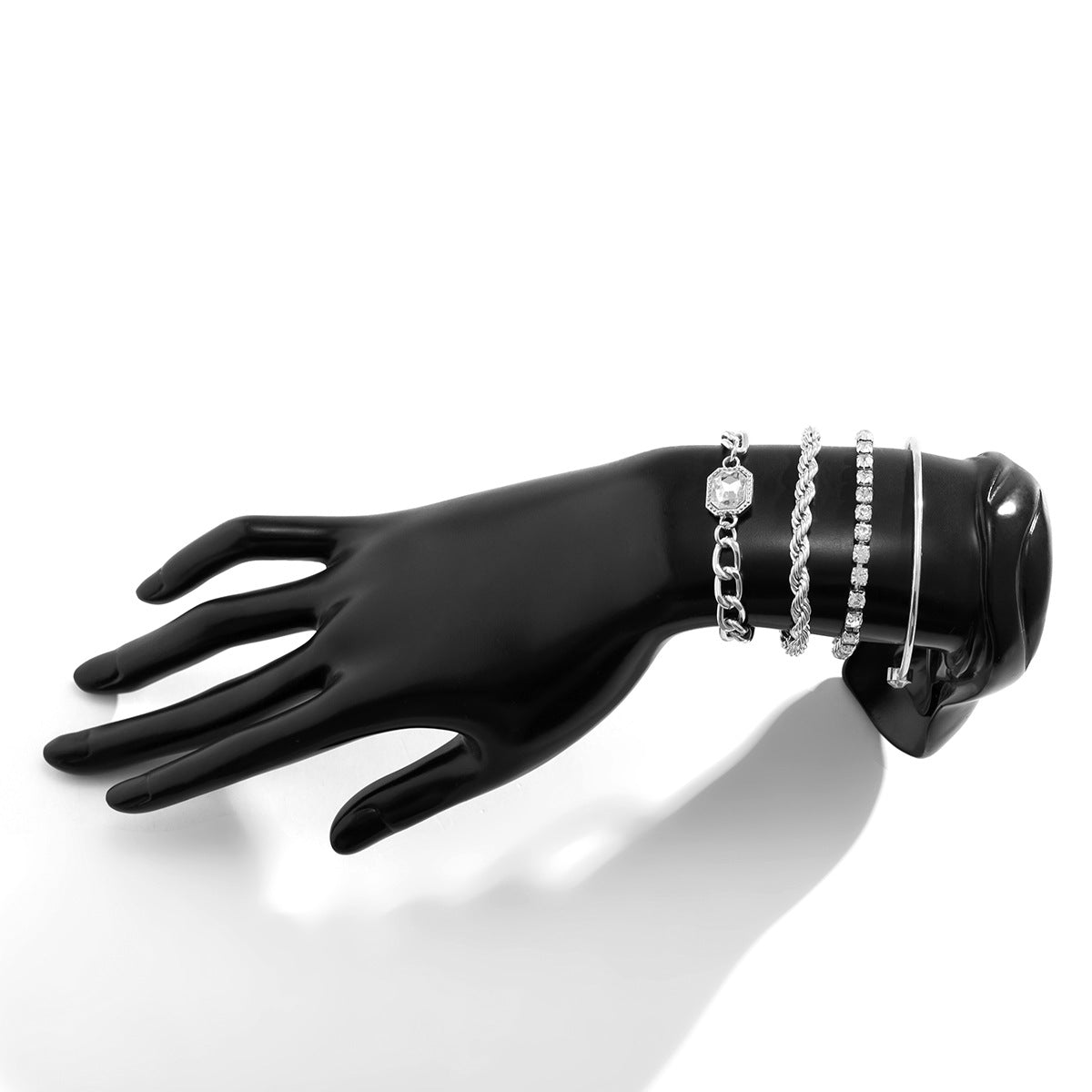 Minimalist Geometric Alloy Bracelet Set for Women with Rhinestone Inlay and Twisted Chain Design