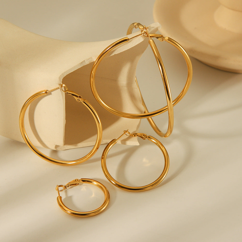 Minimalist Geometric Stainless Steel Hoop Earrings with 18K Gold Vacuum Plating for Women