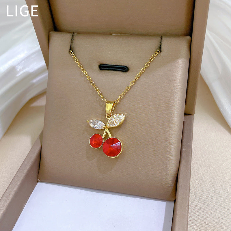 Collar de Acero Inoxidable con Forma de Cereza de Dibujos Animados con Incrustaciones de Pedrería para Mujer, Delicada Cadena de Clavícula de Estilo Fresco y Dulce