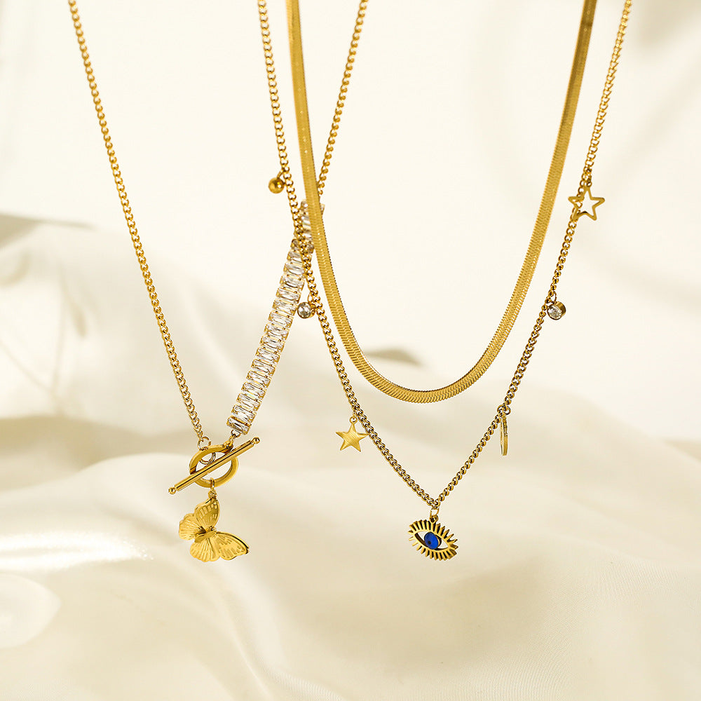 Collana Minimalista da Donna a Doppio Strato con Ciondolo Occhio di Allah, Catena in Acciaio al Titanio e Ciondolo a Farfalla