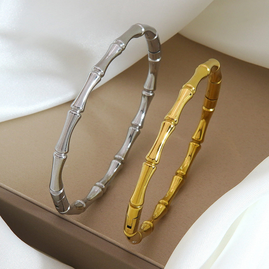 Luxury Geometric Bamboo Joint Stainless Steel Drip Oil 18K Gold Plated Bracelet