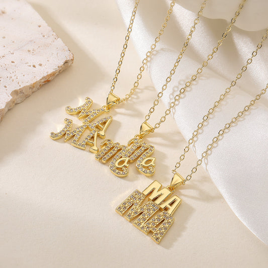 Minimalist Geometric MAMA Pendant Necklace for Women with Copper Base and 18K Gold Plating, Rhinestone Inlay