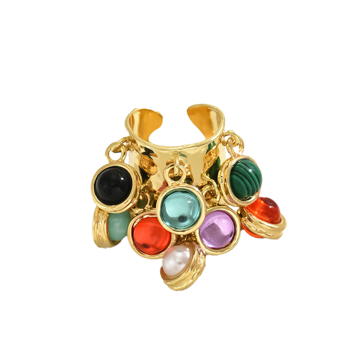 Anillo abierto ajustable de lujo minimalista para mujer en cobre con incrustaciones de piedras preciosas coloridas y banda geométrica en forma de U