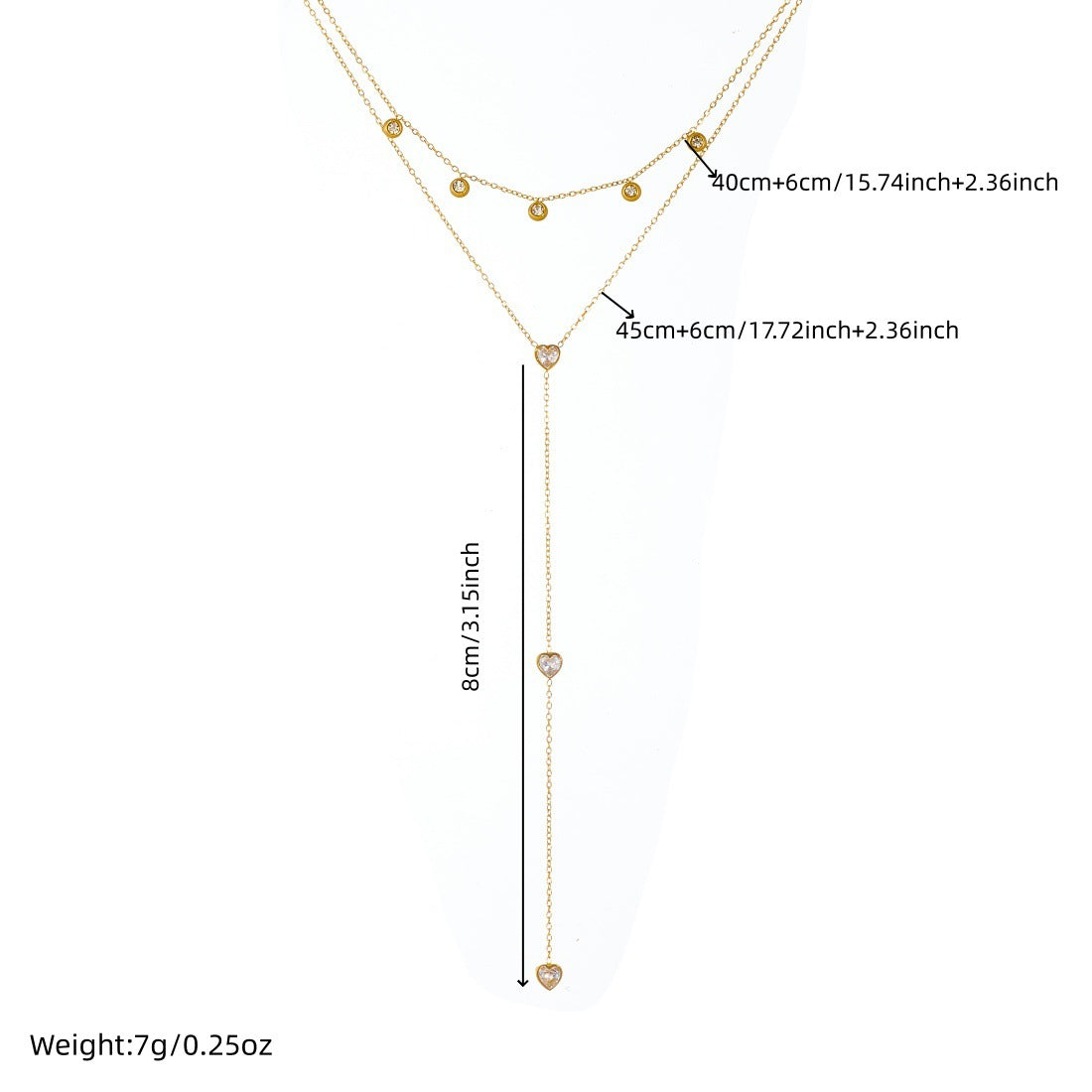 Minimalist Gold Plated Stainless Steel Heart Rhinestone Tassel Layered Necklace for Women