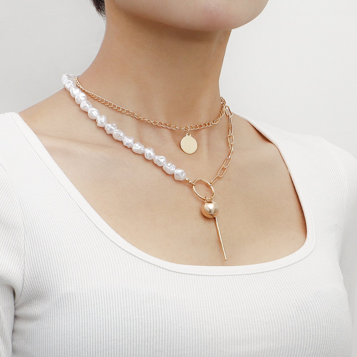 Geometric Fashion Necklace with Bar Pendant and Spherical Accents, Alloy Chain with Electroplated Finish for Women