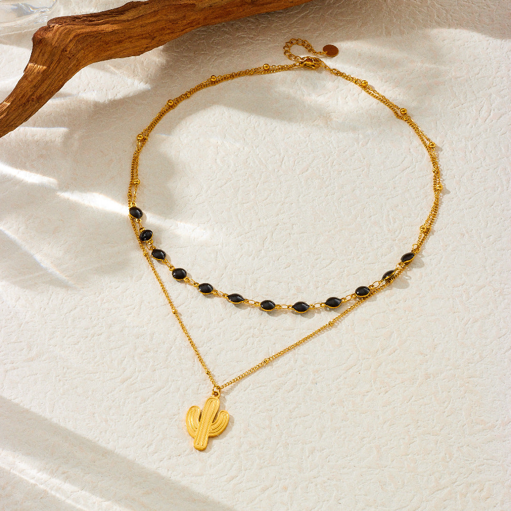 Fashion Black Drip Oil Heart Moon Round Stainless Steel Plated Double Layer Necklace for Women