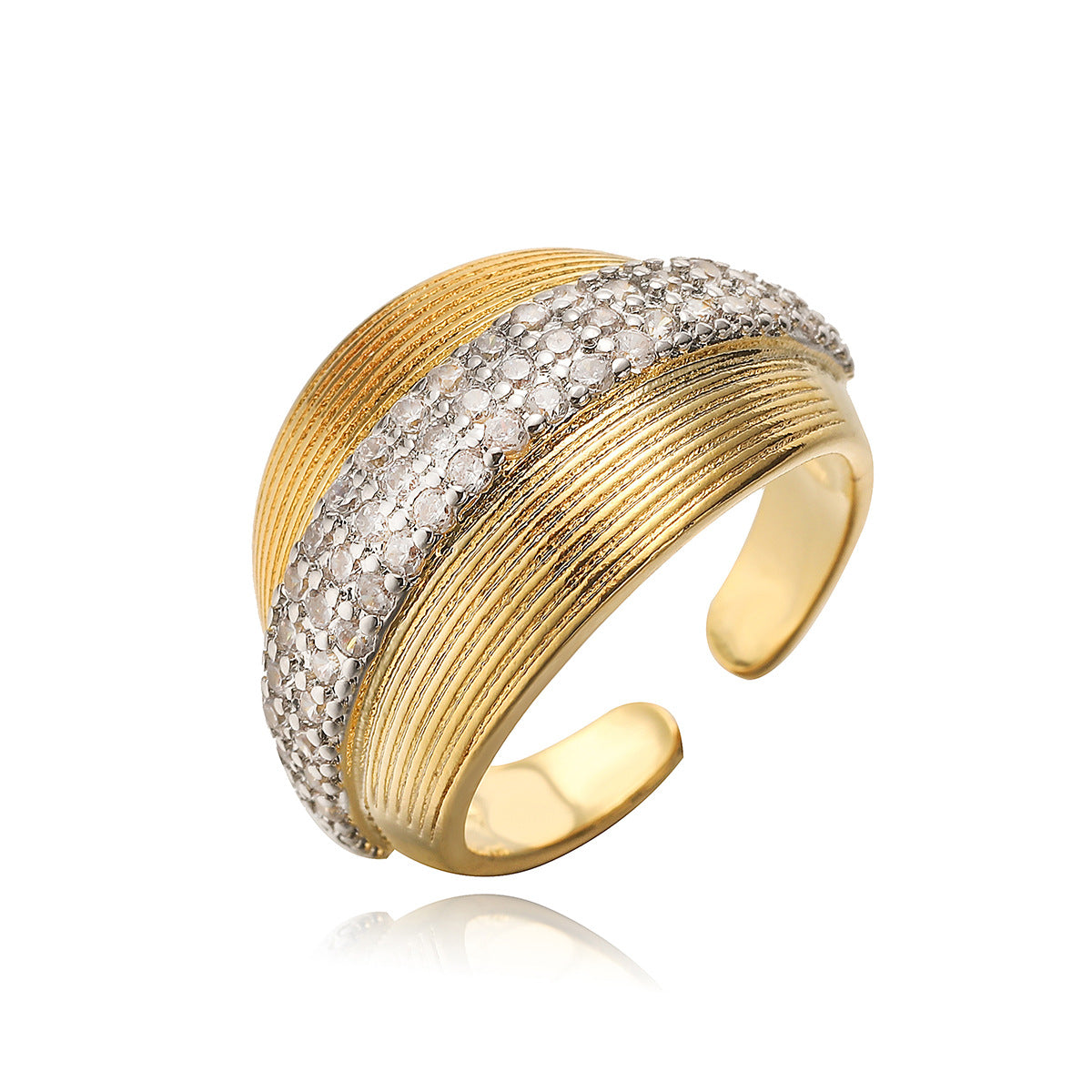Two-Tone Plated Geometric Open Ring with Cubic Zirconia for Women