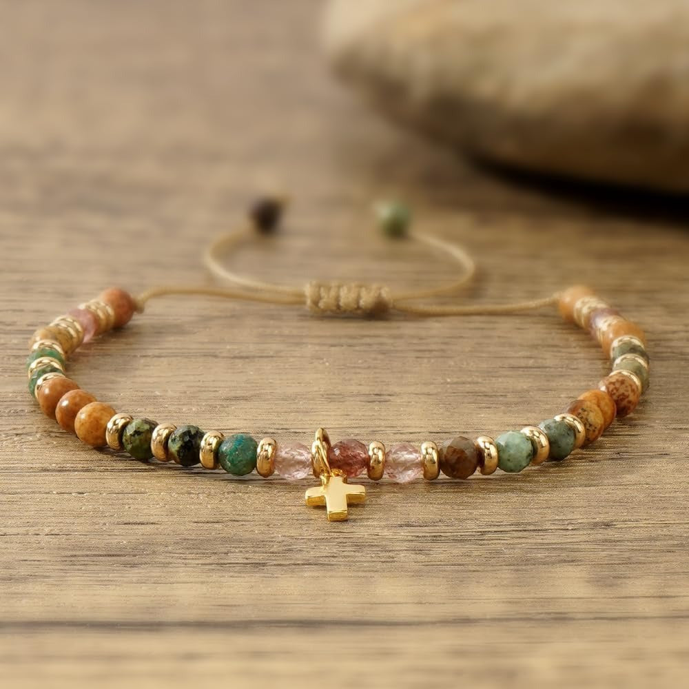 Minimalist Natural Stone Beaded Cross Bracelet for Women