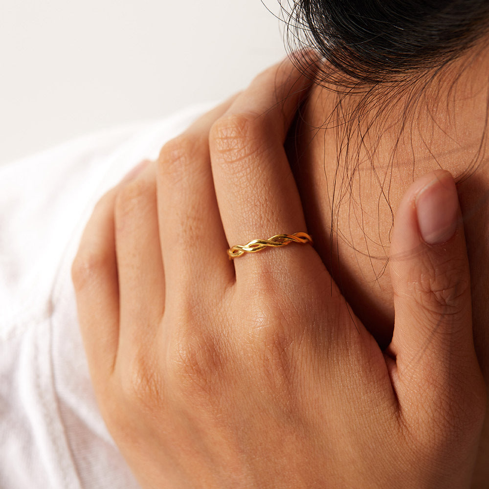 French Vintage 18K Gold Plated Stainless Steel Twisted Linear Geometric Hollow Stacking Ring for Women