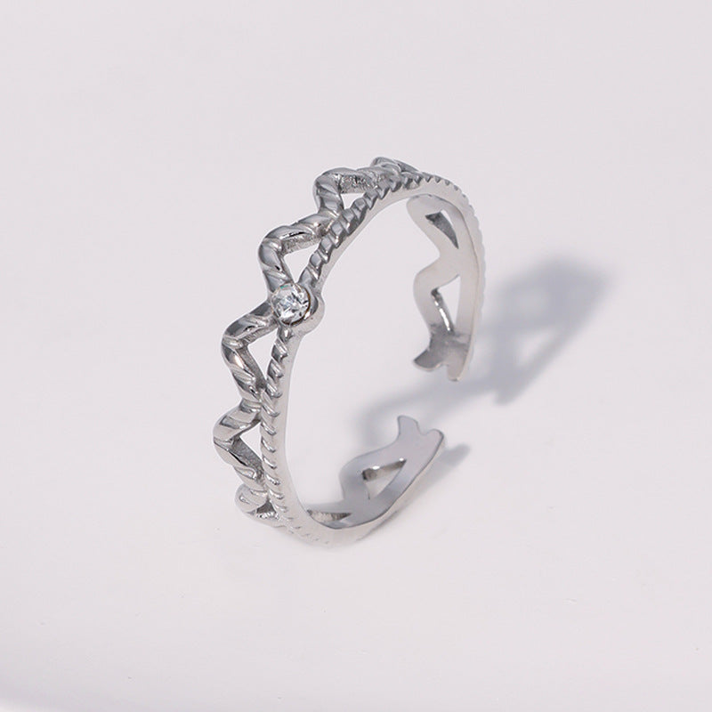 Minimalist Geometric Stainless Steel Open Ring for Women with Rhinestone Inlay and Plated Finish