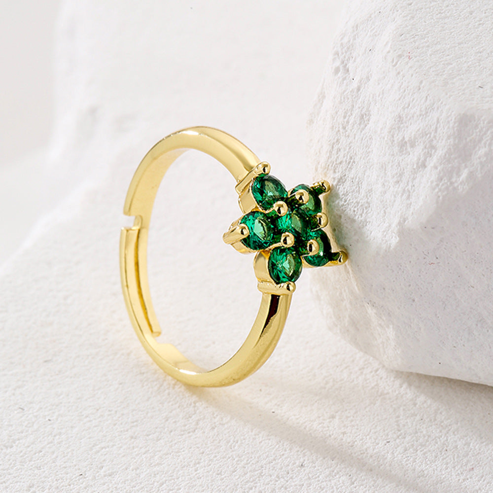 Geometric Floral Open Ring for Women in Copper with 18K Gold Plating and Zircon Inlay