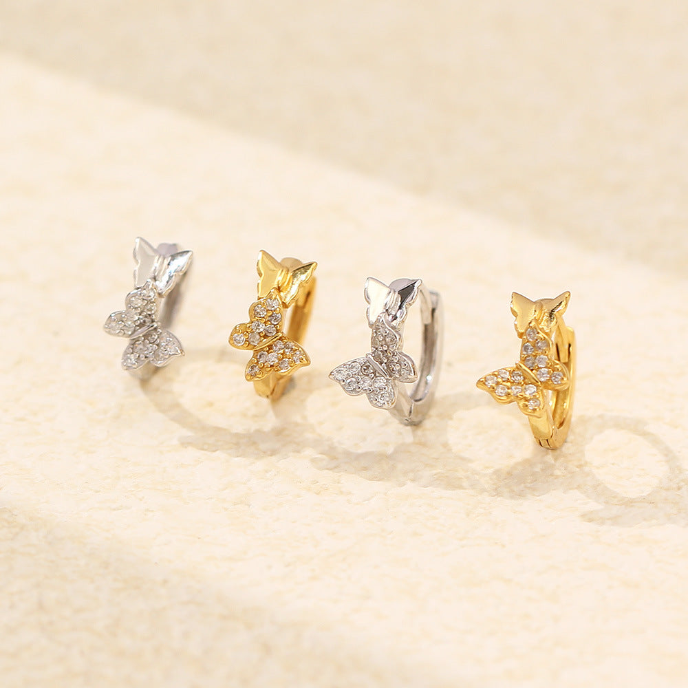 Sweet-Edgy Butterfly-Shaped S925 Sterling Silver Stud Earrings with Rhinestone Inlay for Women