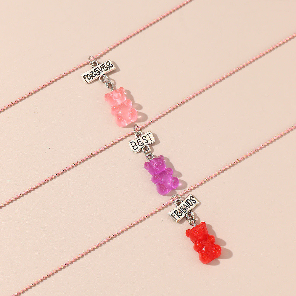 Set di collana in resina a forma di orsetto in stile fumetto per bambini con catena di perline rosa e lunghezza regolabile