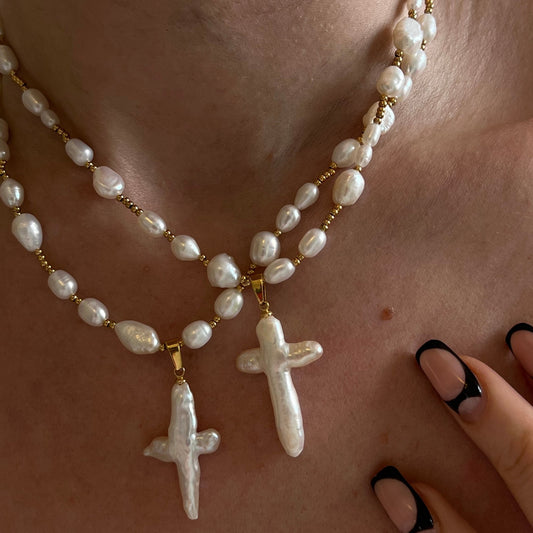 Vintage Baroque Style Cross Pendant Necklace with Pearl Accents on Copper Chain