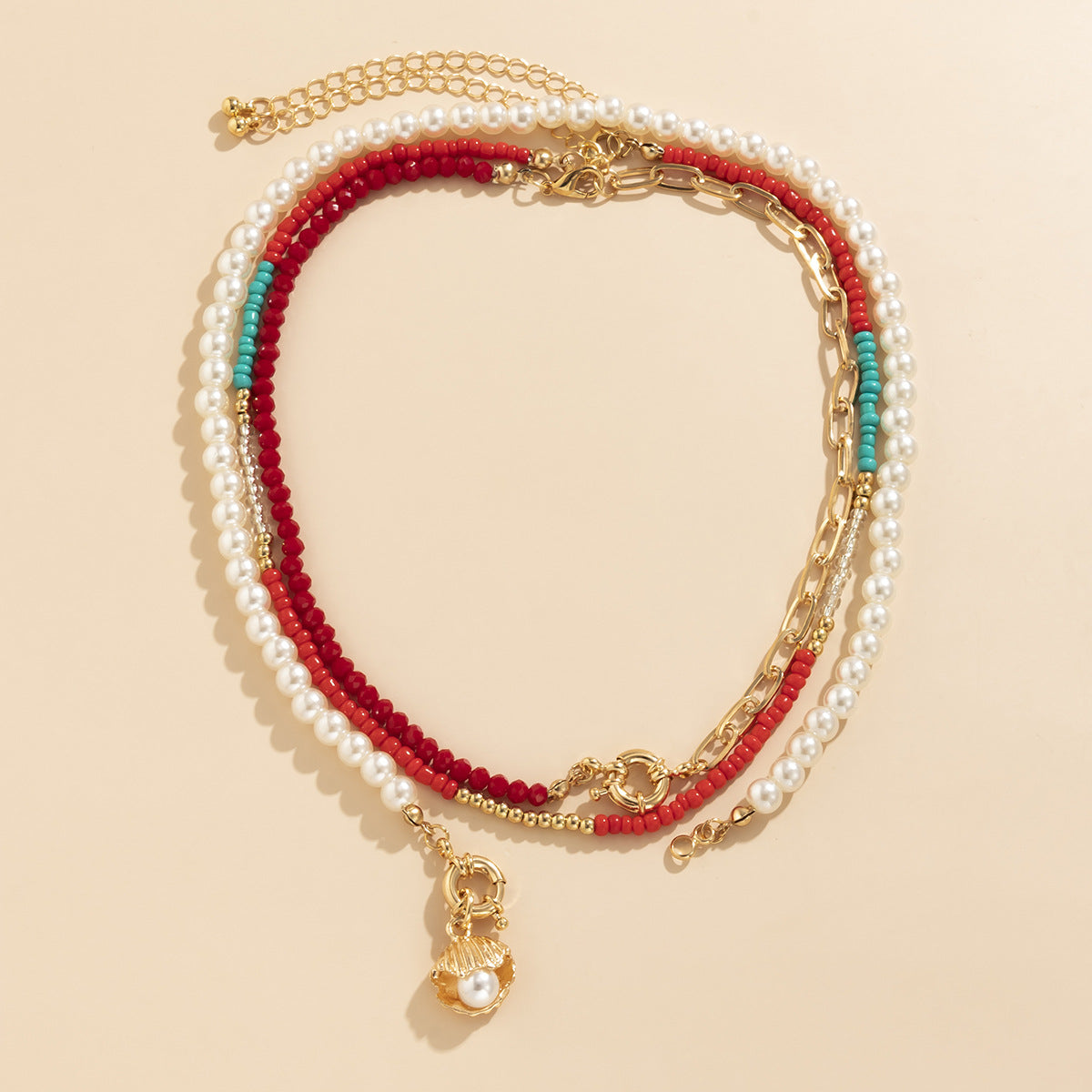 Vintage Plated Imitation Pearl Shell Pendant Ball Chain Necklace for Women