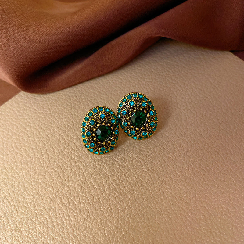 Vintage Green Rhinestone Butterfly Pearl Earrings with Stainless Steel Posts for Women