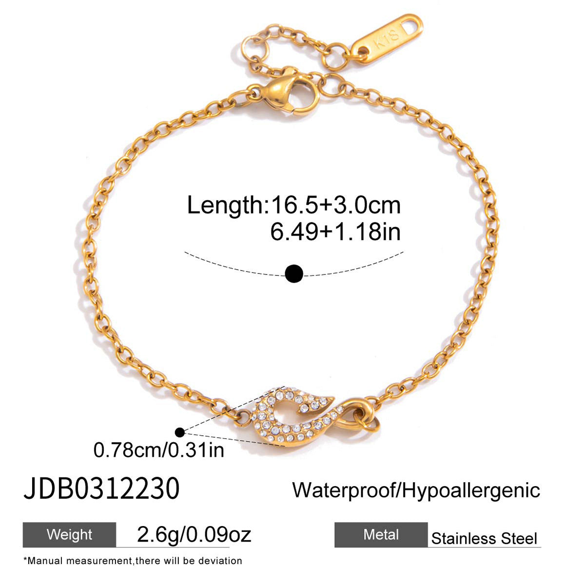 Minimalist Rhinestone Fish Hook Titanium Steel Necklace and Bracelet Set with Cable Chain for Women