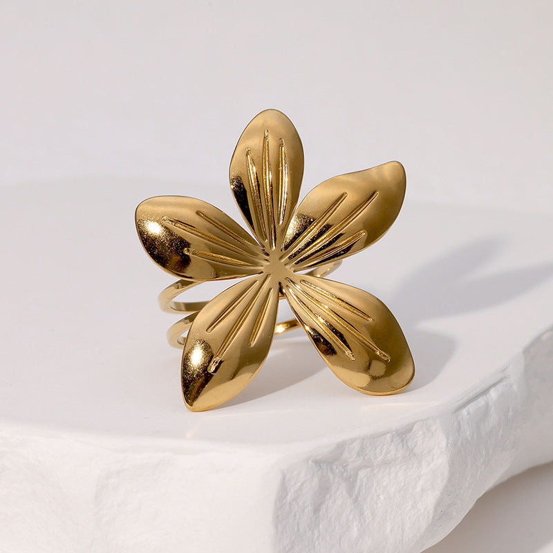 Minimalist Floral Open Ring for Women in Stainless Steel with Gold Plating Elegant Vacation Style