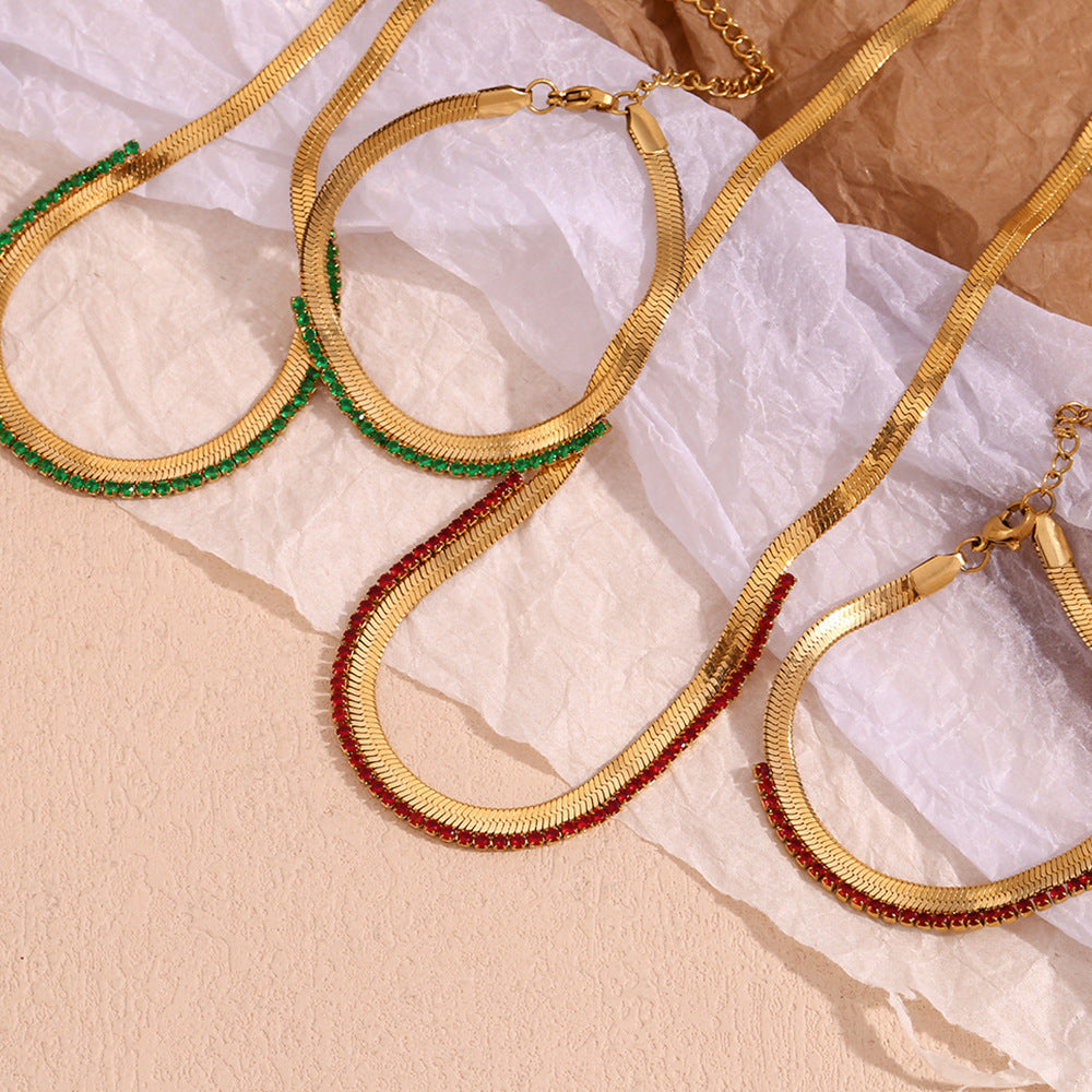 Collana da donna alla moda placcata oro 18 carati in acciaio al titanio, geometrica, con zirconi colorati e texture a spina di pesce