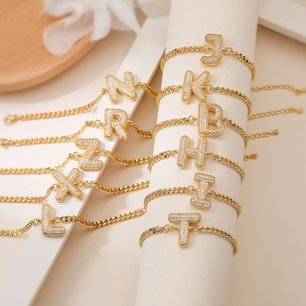 Minimalist Hip-hop 18K Gold Plated Letter Cubic Zirconia Bracelet for Women
