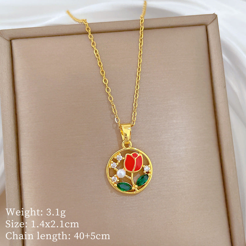 Sweet Elegant Drip Oil Geometric Moon Floral Rhinestone Titanium Steel Necklace for Women and Men