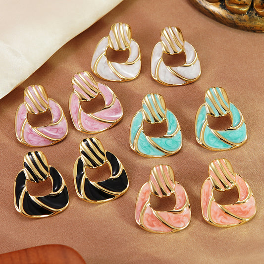 Pendientes de acero inoxidable geométricos con goteo de aceite de colores elegantes para mujer