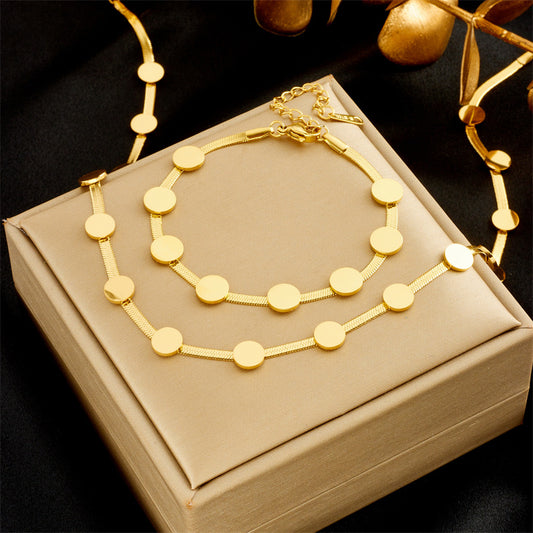 Elegante Set da Donna Collana e Bracciale a Catena Serpente in Acciaio al Titanio Placcato Oro Minimalista con Pendenti a Disco Rotondo