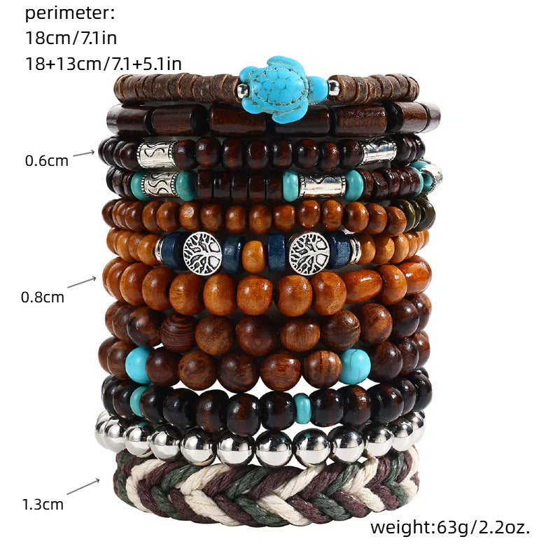 Bracciale Artigianale con Perline per Uomo e Donna con Perle di Legno Pietra Vulcanica Onice Nero Elastico Stile Bohemien Design Geometrico Rotondo