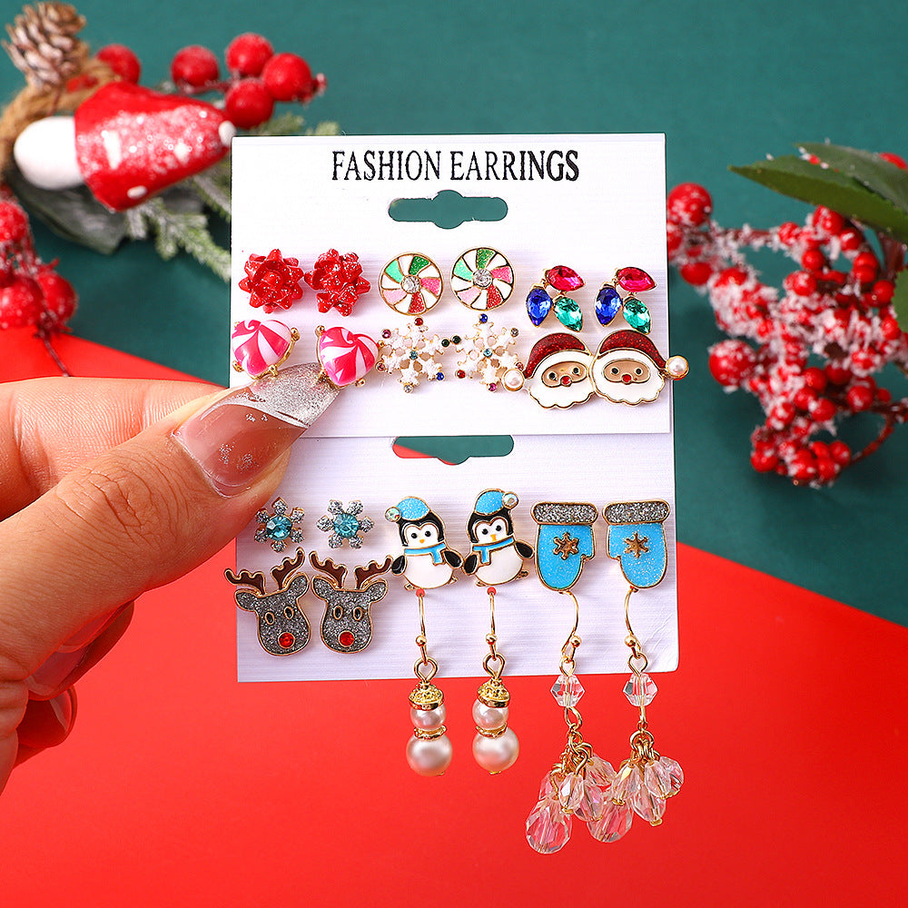 Ins Style Christmas Themed Alloy Stud Earrings with Snowflake Reindeer and Santa Claus Motifs for Women Electroplated with 14K Gold Posts