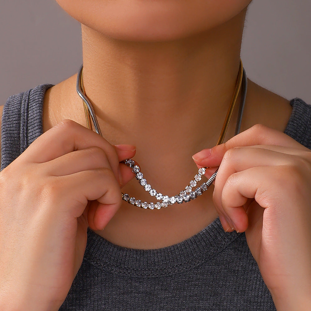 Minimalist Geometric Stainless Steel Snake Chain Necklace with Zircon Inlay for Women