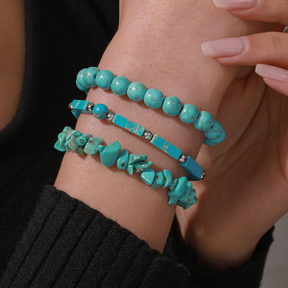 Bohemian Handmade Geometric Round Turquoise Shoushan Stone Stretch Bracelet