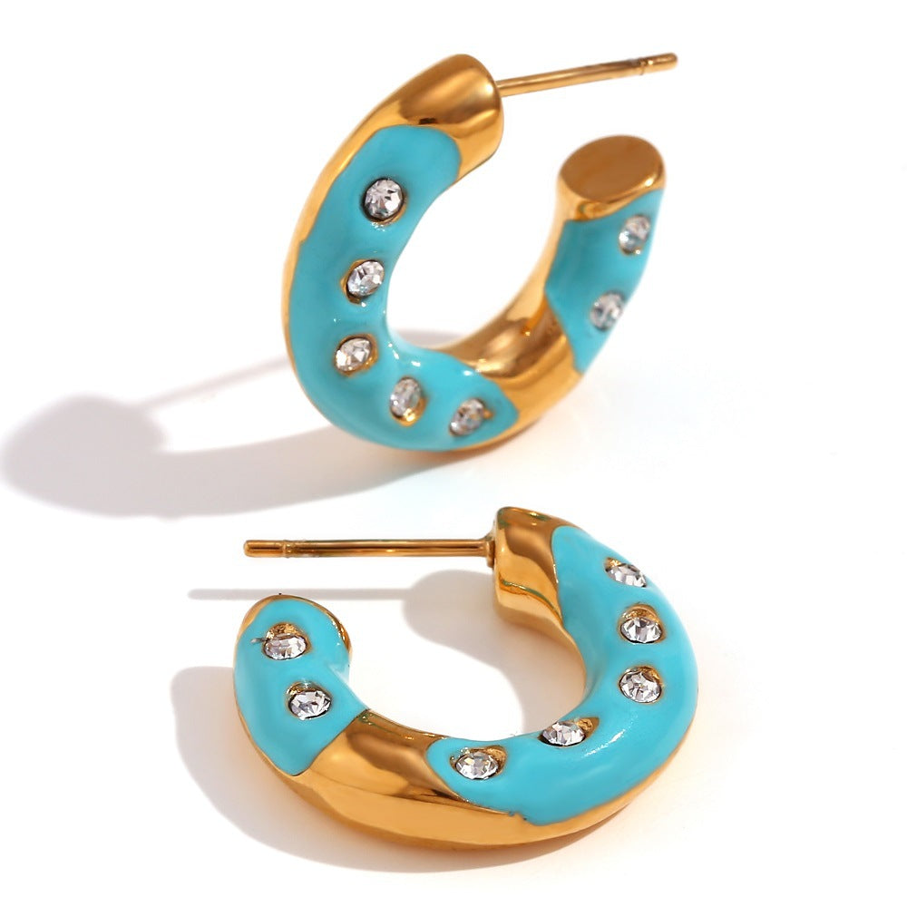 Orecchini a cerchio da donna geometrici alla moda in acciaio inossidabile placcati oro 18 carati smaltati con strass a forma di ciambella