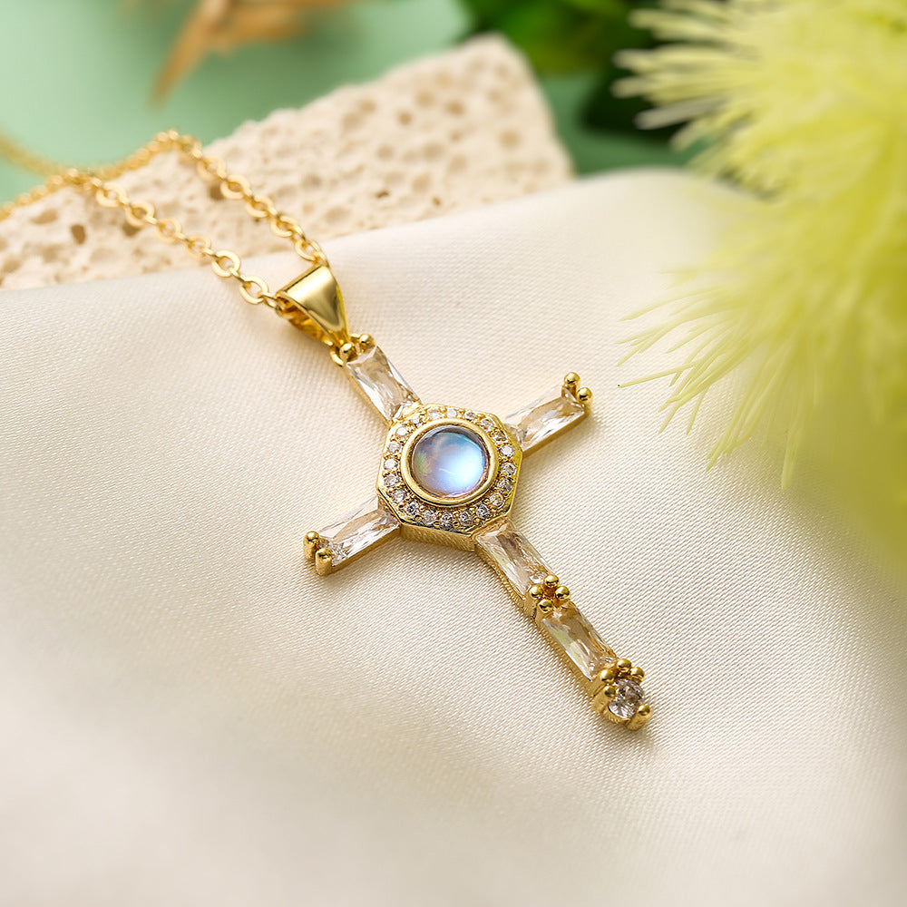 Collana con Ciondolo a Croce Minimalista da Donna in Rame con Placcatura in Oro 18K e Intarsio in Zirconi